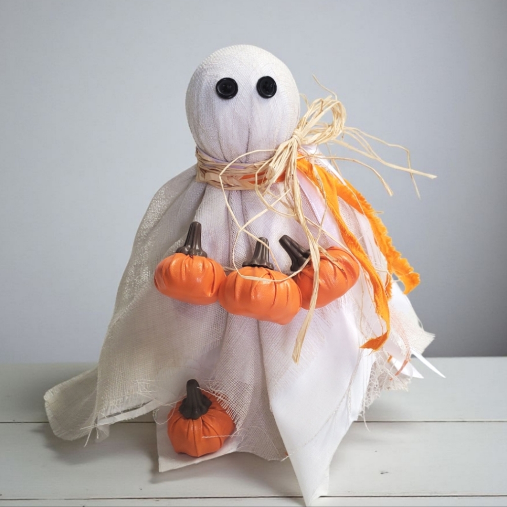 Halloween Bedspring Ghost Decor with Pumpkins Homecrafted